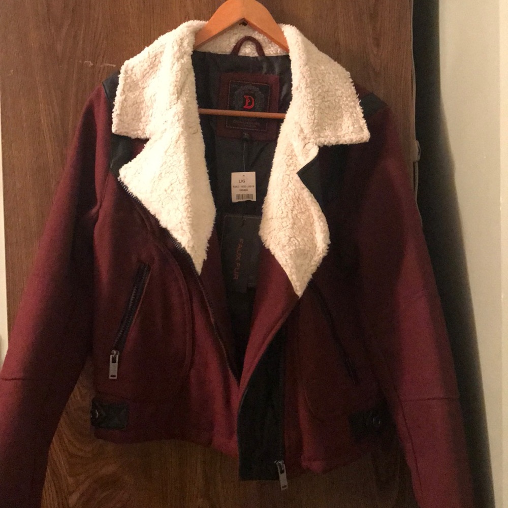 Faux Fur Burgundy Jacket with leather outlines